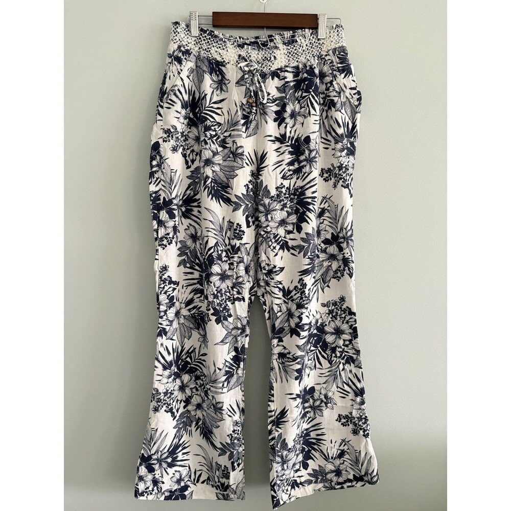 Beau Dawson Linen Blend Pants Women XL Navy Blue White Tropical Floral Wide Leg